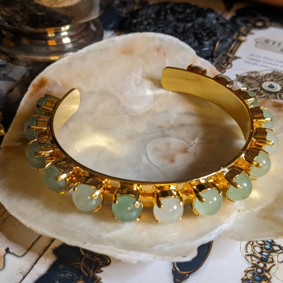 Jade Jewelry - Genuine Green Jade Cuff Bracelet in 14K Gold Plated